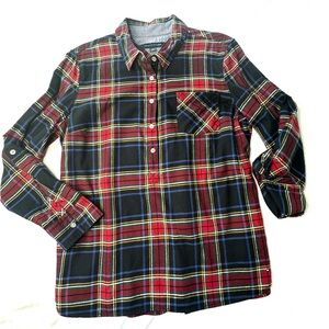Tommy Hilfiger Flannel Shirt Red Blue Popover 1/2 Placket Soft Shirt Sz Large